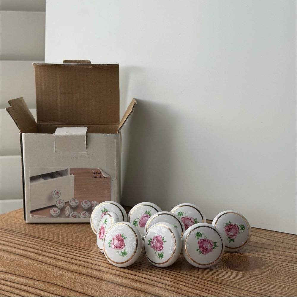 Vintage Porcelain Floral Rose Door Cupboard Pull Knobs Set Of 9